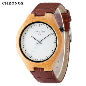 CHRONOS Men Creative Bamboo Wooden Quartz Watch Male Stylish Special Round Shape Leather Buckle Belt Fashion WristWatch CH08