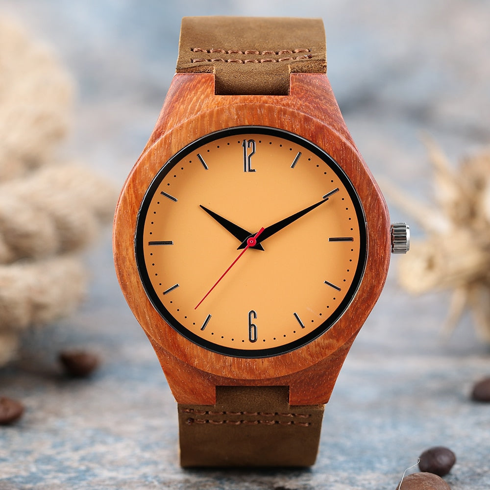 Luxury Nature Red Sandalwood  Wristwatch Mens Cowhide Leather  Strap Minimalist Brief Face 100% Handmade Bamboo Man's Watch