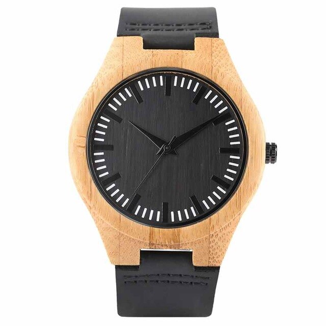 Top Gifts Simple Bamboo Wood Watch Men Clock Man Quartz Movement Black Genuine Leather Analog Wooden Reloj Madera Hombre 2020