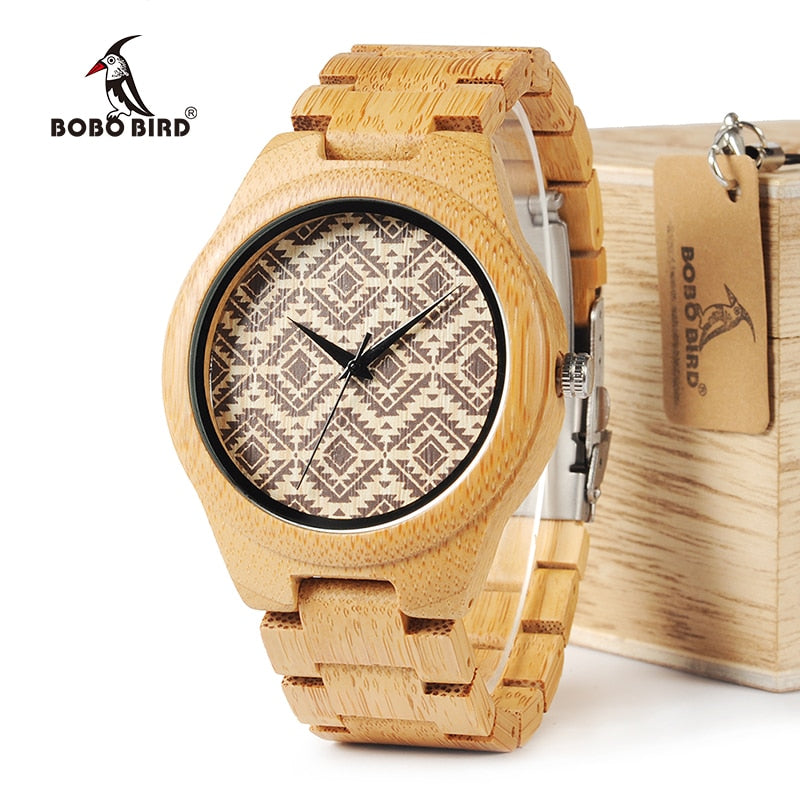 BOBO BIRD Bamboo Men Watch relogio masculino Partten Dial Face Bamboo Strap Quartz Wristwatch Men's Gift in Wooden Box W-I28
