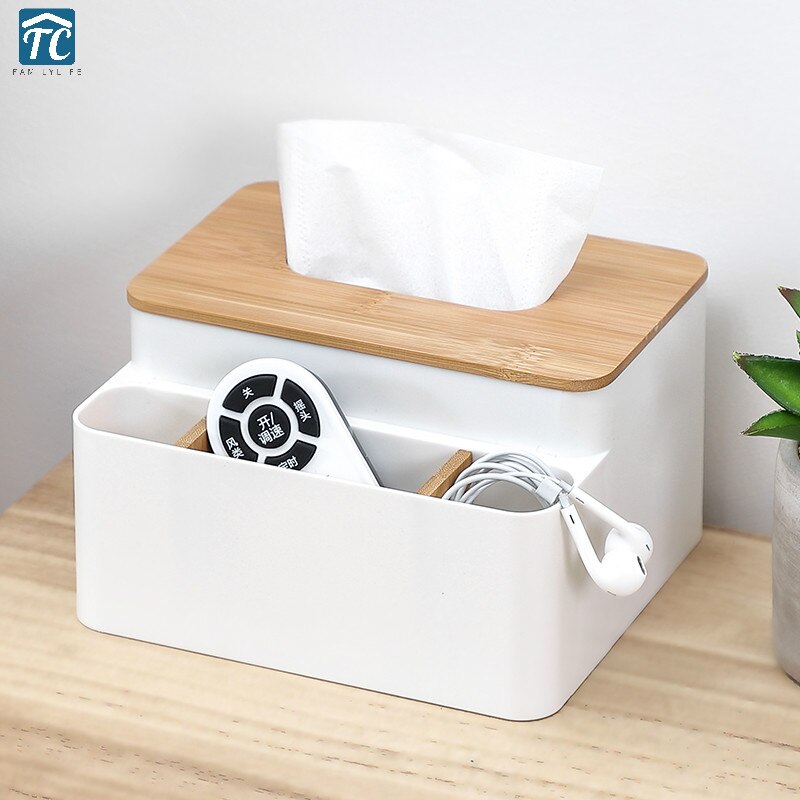 Nordic Simple Tissue Box Home Multi-function Storage Living Room Coffee Table Bamboo Wooden Napkins Plastic Holder Case Desktop