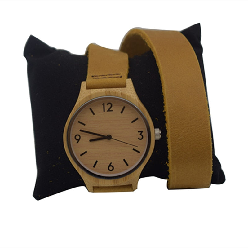 Newest Fashion Womens Leather Bamboo Wooden Watches With Long Geunine Leather Watchbands Best Gifts For Girl Friends